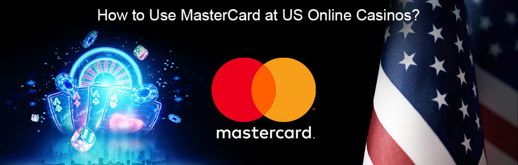 The Mastercard logo between neon colored cards, chips, roulette wheel and an American flag