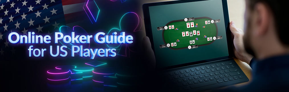 A man playing poker online, neon colored playing card symbols and an American flag