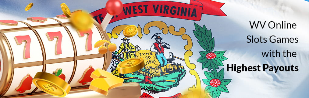 A slot machine with 777 and flying gold coins, sevens and cherries, representing a jackpot, over the West Virginia state flag.